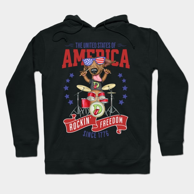 Funny and cute Red white and blue Doxie USA Rockin Freedom Since 1776 Dachshund drummer Hoodie by Danny Gordon Art